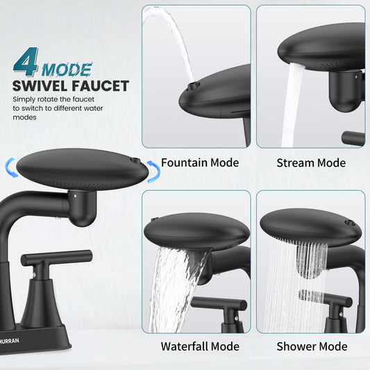 4 Inch Centerset Bathroom Faucet, 4 Spray Modes Bathroom Sink Faucet with Pop Up Drain and Supply Hoses, Stainless Steel 2 Handle Vanity Faucet for 3 Hole Sink, Matte Black