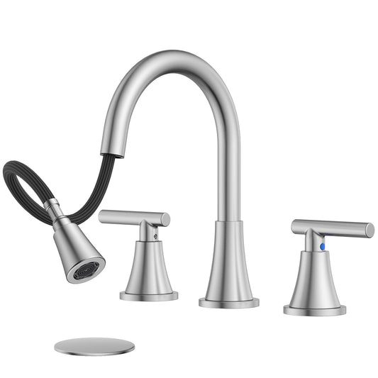 8 Inch Pull Out Sprayer Bathroom Faucet 3 Hole, Widespread 2 Handle Sink Faucet with Pop Up Drain and Supply Lines, Stainless Steel for Vanity, RV, Brushed Nickel