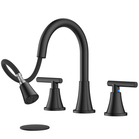 8 Inch Pull Out Sprayer Bathroom Faucet 3 Hole, Widespread 2 Handle Sink Faucet with Pop Up Drain and Supply Lines, Stainless Steel for Vanity, RV, Matte Black