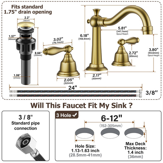 8 Inch Widespread Bathroom Sink Faucet Brushed Gold, 3 Hole 2 Cross Handles Classic Vintage Antique Faucet with Metal Pop Up Drain and Supply Hoses for Vanity, RV, Farmhouse
