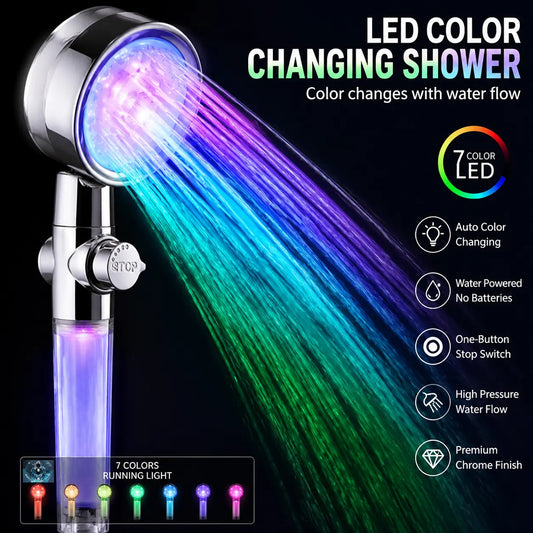 7 Color LED Shower Head with Filter - Water Powered High Pressure Handheld Shower Head, Self-Powered Color Changing Lights, Water Purifying Filter System, One Button Stop Switch, Chrome Finish