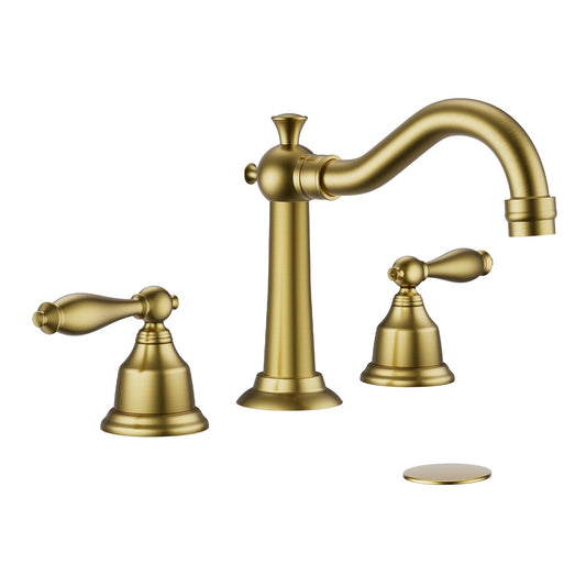 8 Inch Widespread Bathroom Sink Faucet Brushed Gold, 3 Hole 2 Cross Handles Classic Vintage Antique Faucet with Metal Pop Up Drain and Supply Hoses for Vanity, RV, Farmhouse